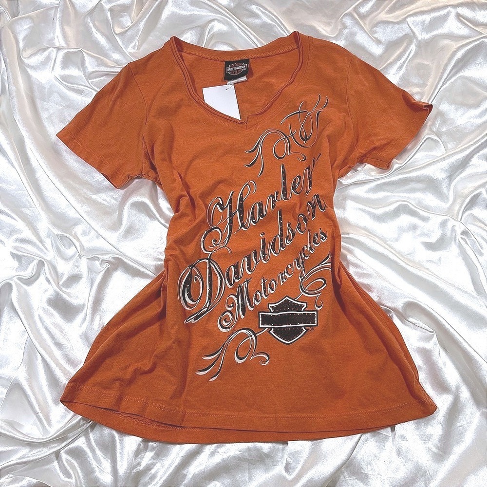 y2k Harley Davidson T-Shirt Orange Like New Rhinestone V-Neck Woodstock IL